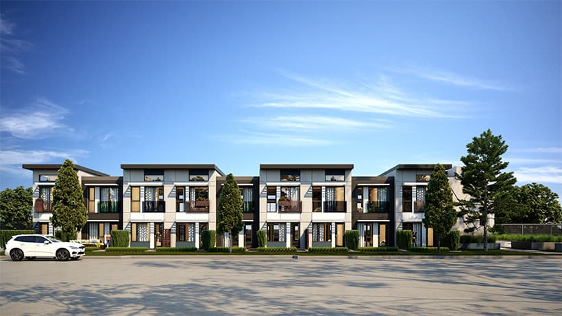 Rendering of Rhythm Living townhouses on a clear day with trees out front